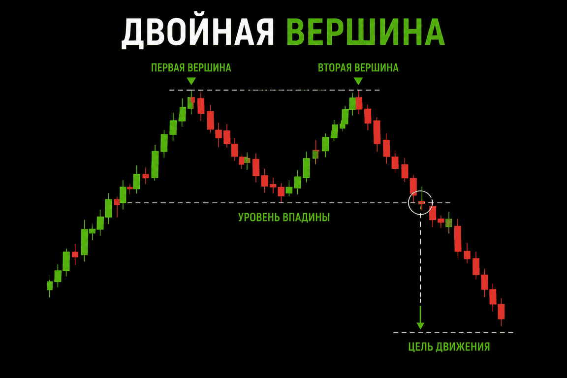Двойная вершина — форма «M», уровень впадины, цель