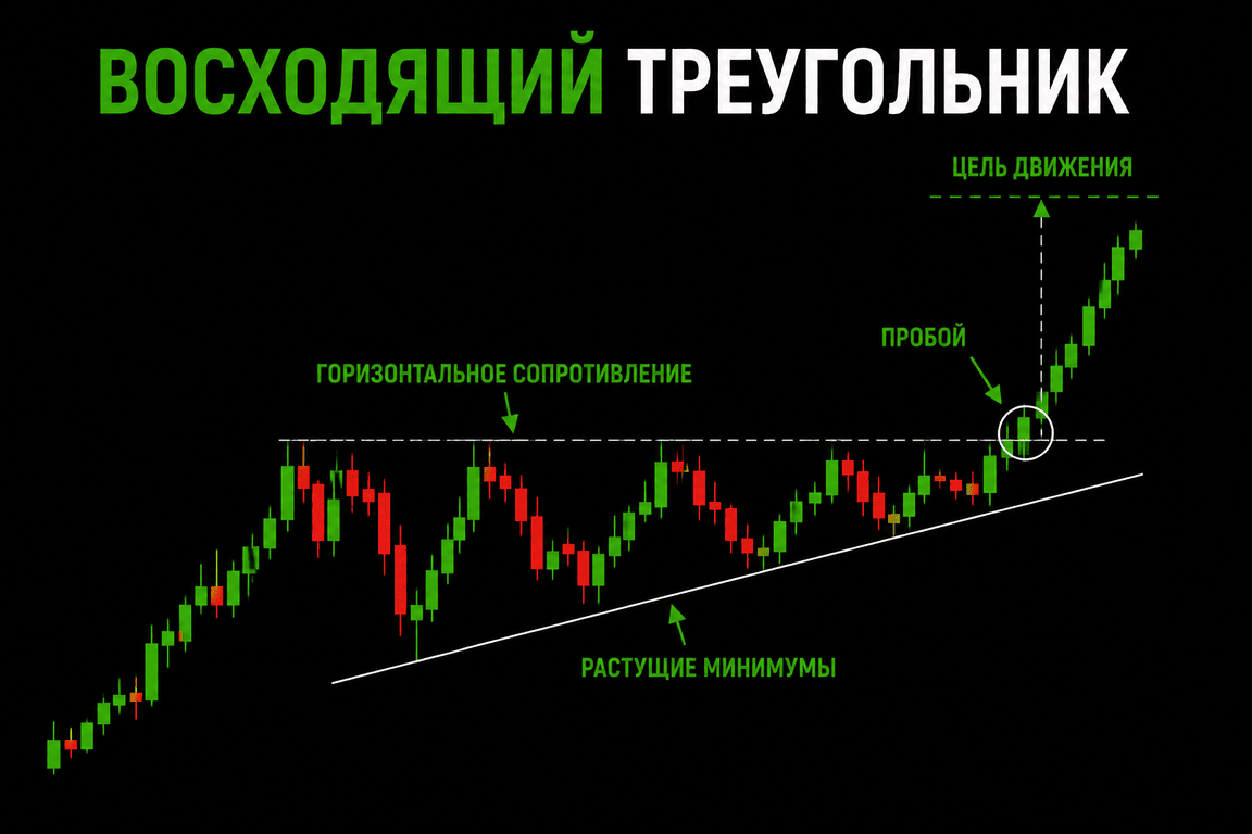 Восходящий треугольник — горизонтальное сопротивление, растущие минимумы