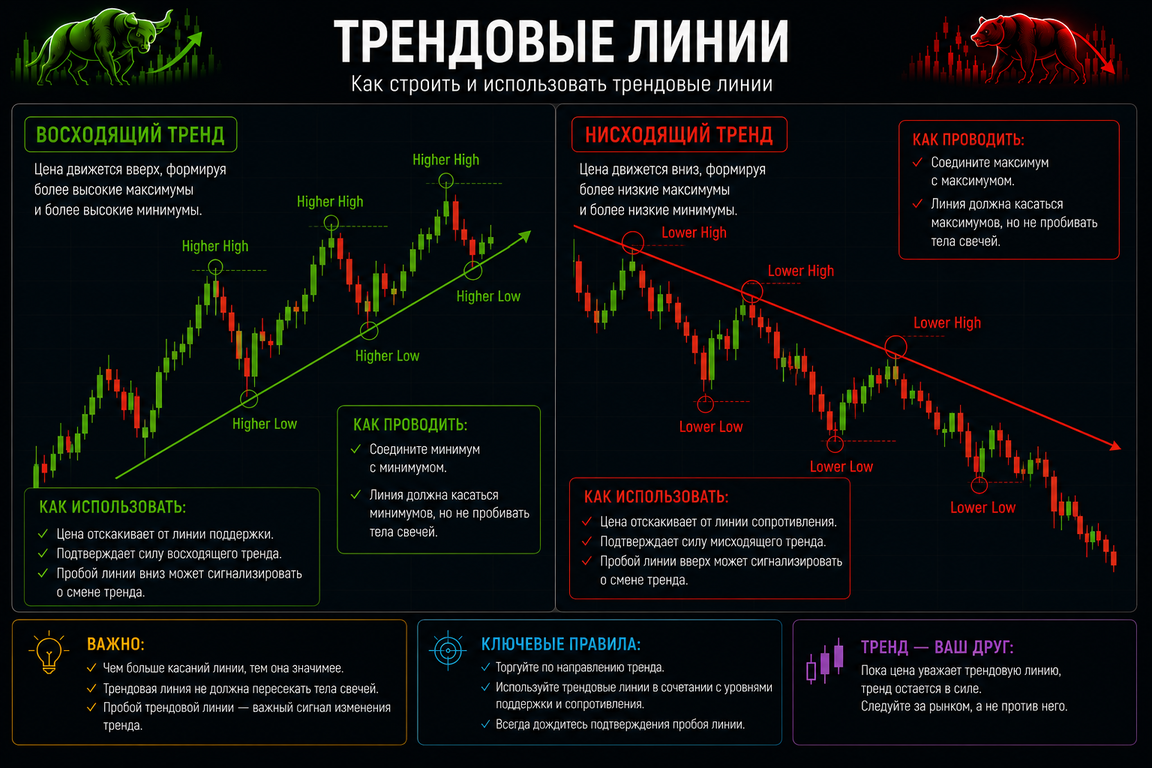 восходящая и нисходящая трендовые линии на графике