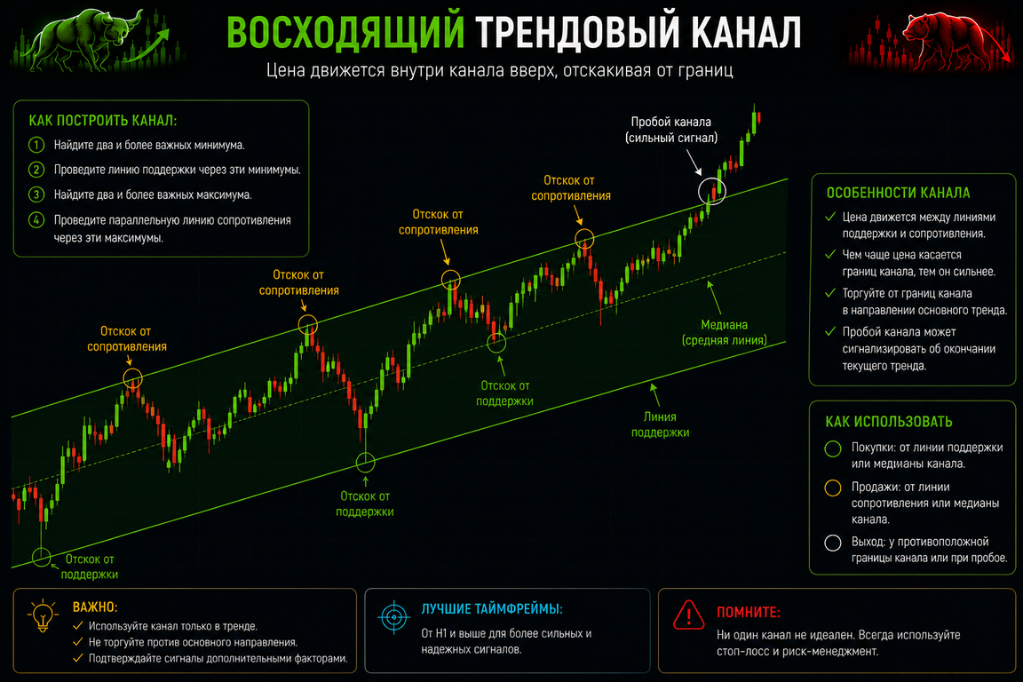 восходящий трендовый канал с движением цены между границами