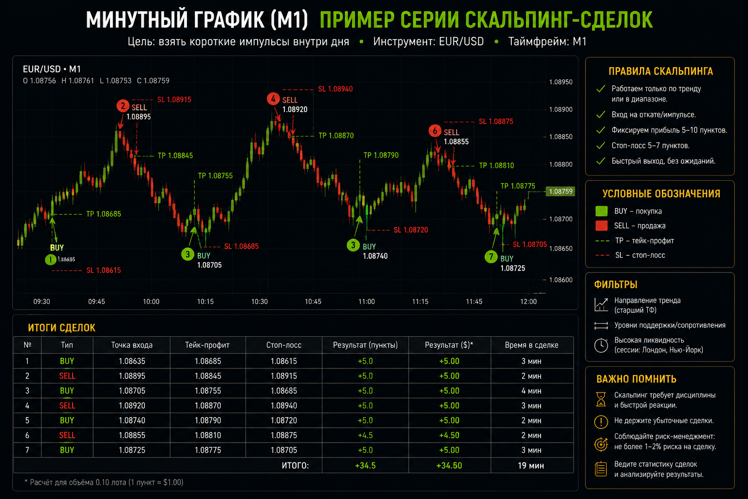 минутный график с примером серии скальпинг-сделок