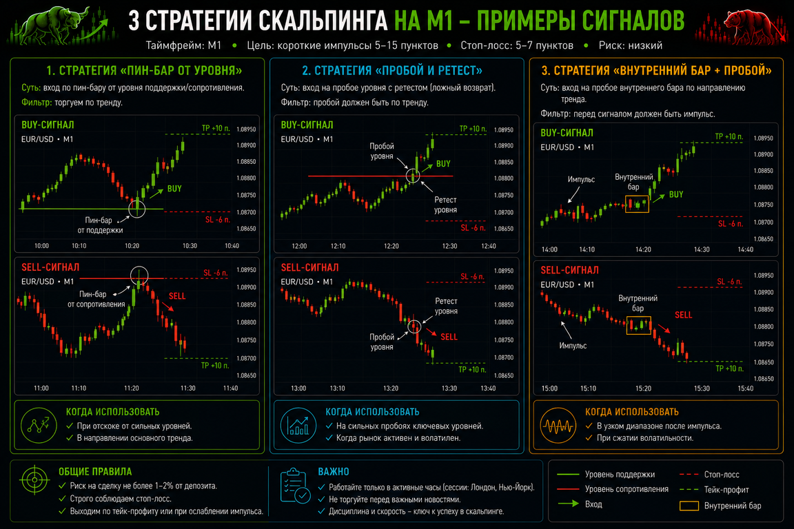 примеры сигналов трёх стратегий скальпинга на M1