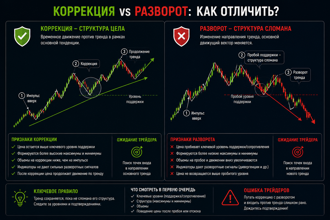 сравнение коррекции (структура цела) и разворота (структура сломана)