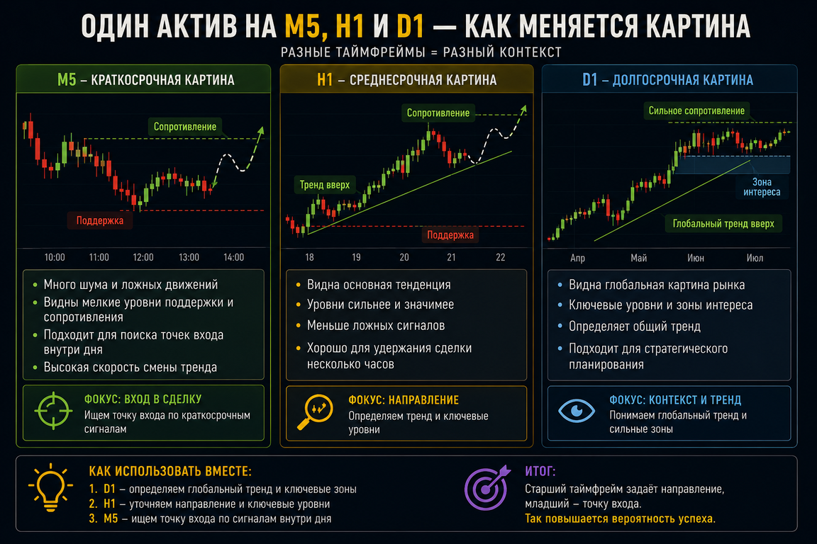 один актив на M5, H1 и D1 — как меняется картина